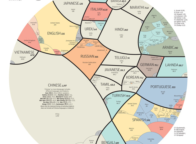 一张由语言划分的世界地图图示